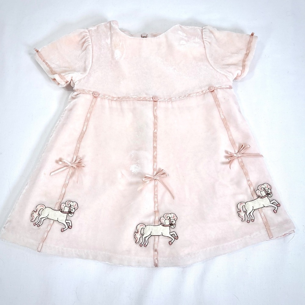 VTG Gymboree Pink Silk Velvet Carousel Horse Appliqué Dress Baby Girl 9-12 Mos